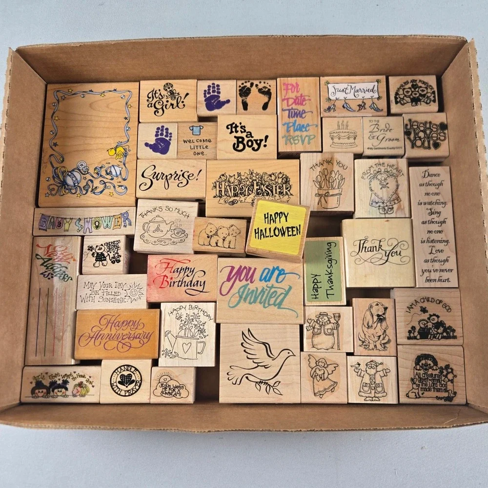 Vintage Wood Mounted Rubber Stamps Lot 40+ Baby Wedding Holiday Sentiments
